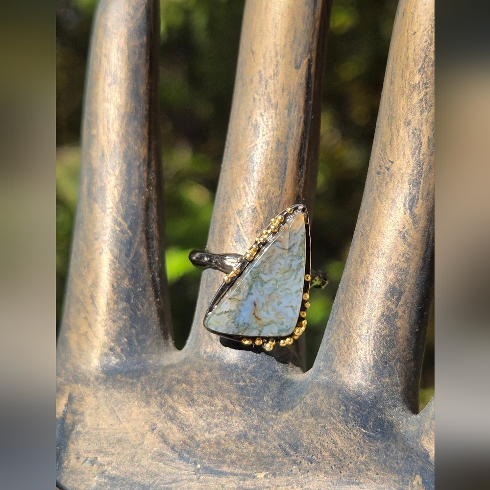 HOST PICK 🎉🎊Garden Agate 14k Natural Gemstone Sterling Rhodium & Gold Ring Sz9 - Picture 6 of 8